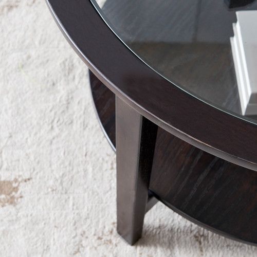 Modern Solid wood round coffee table with tempered glass top black color-36" image 2