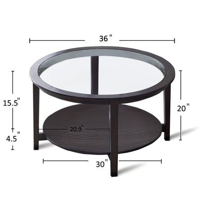 Modern Solid wood round coffee table with tempered glass top black color-36" image 6