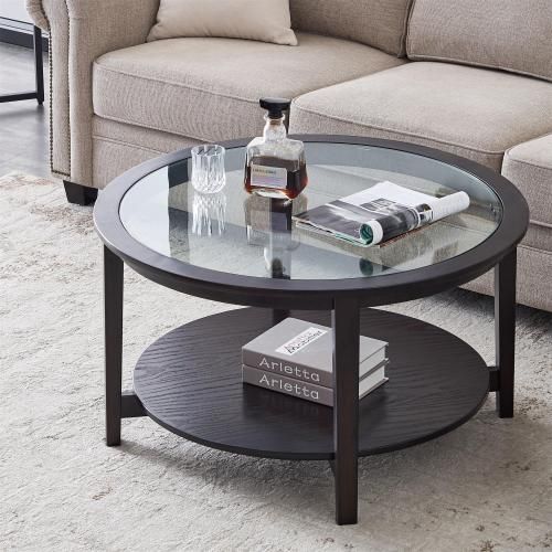 Modern Solid wood round coffee table with tempered glass top black color-36" image 1
