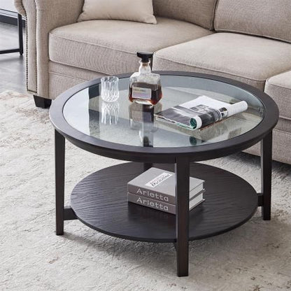 Modern Solid wood round coffee table with tempered glass top black color-36" image 1