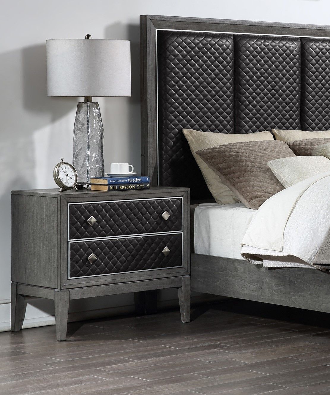 Modern Styling Bedroom 1pc Nightstand of 2 Drawers Faux Leather Upholstered Gray Classic Design Wooden Furniture image 1