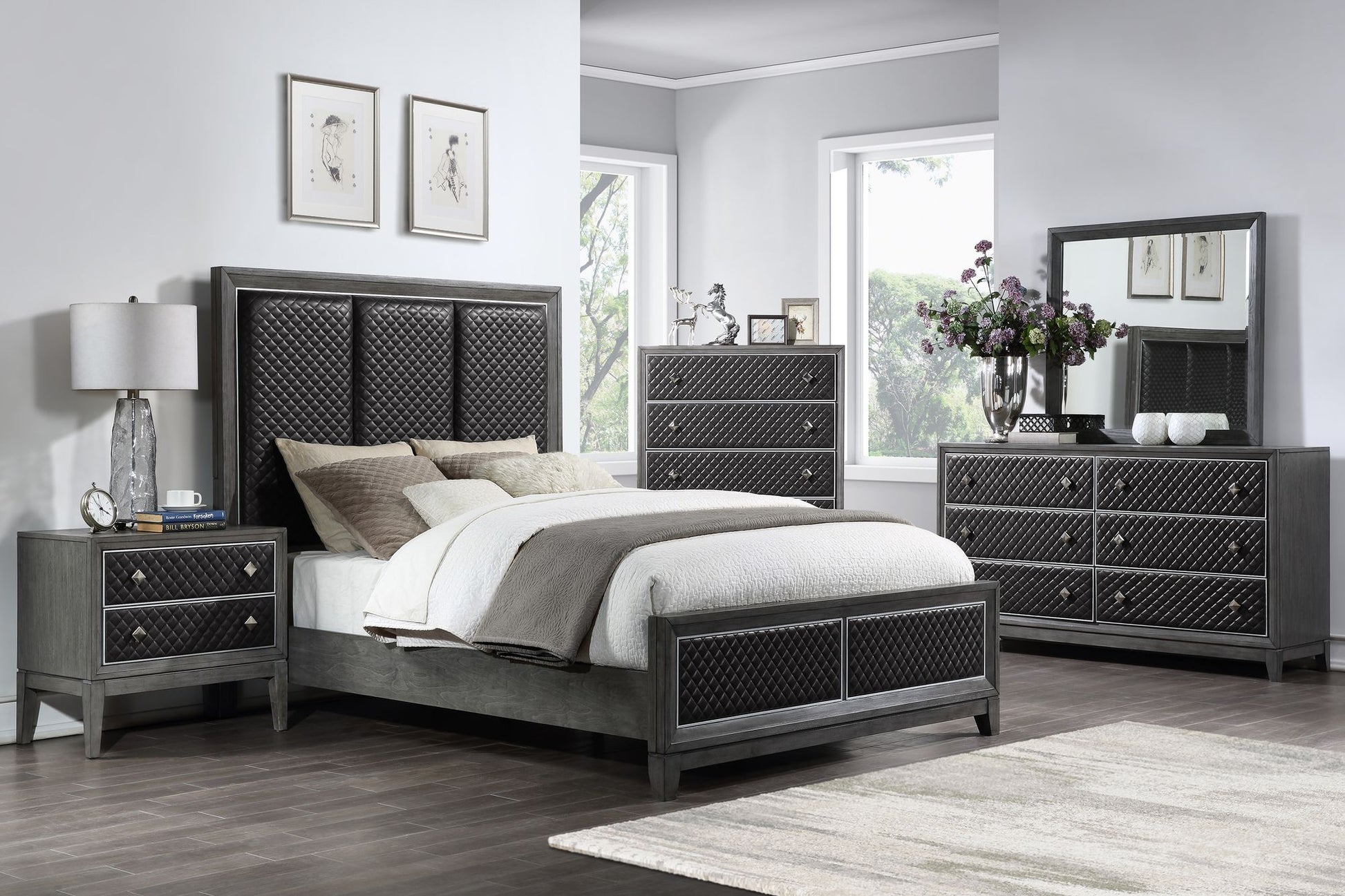 Modern Styling Bedroom 1pc Nightstand of 2 Drawers Faux Leather Upholstered Gray Classic Design Wooden Furniture image 6