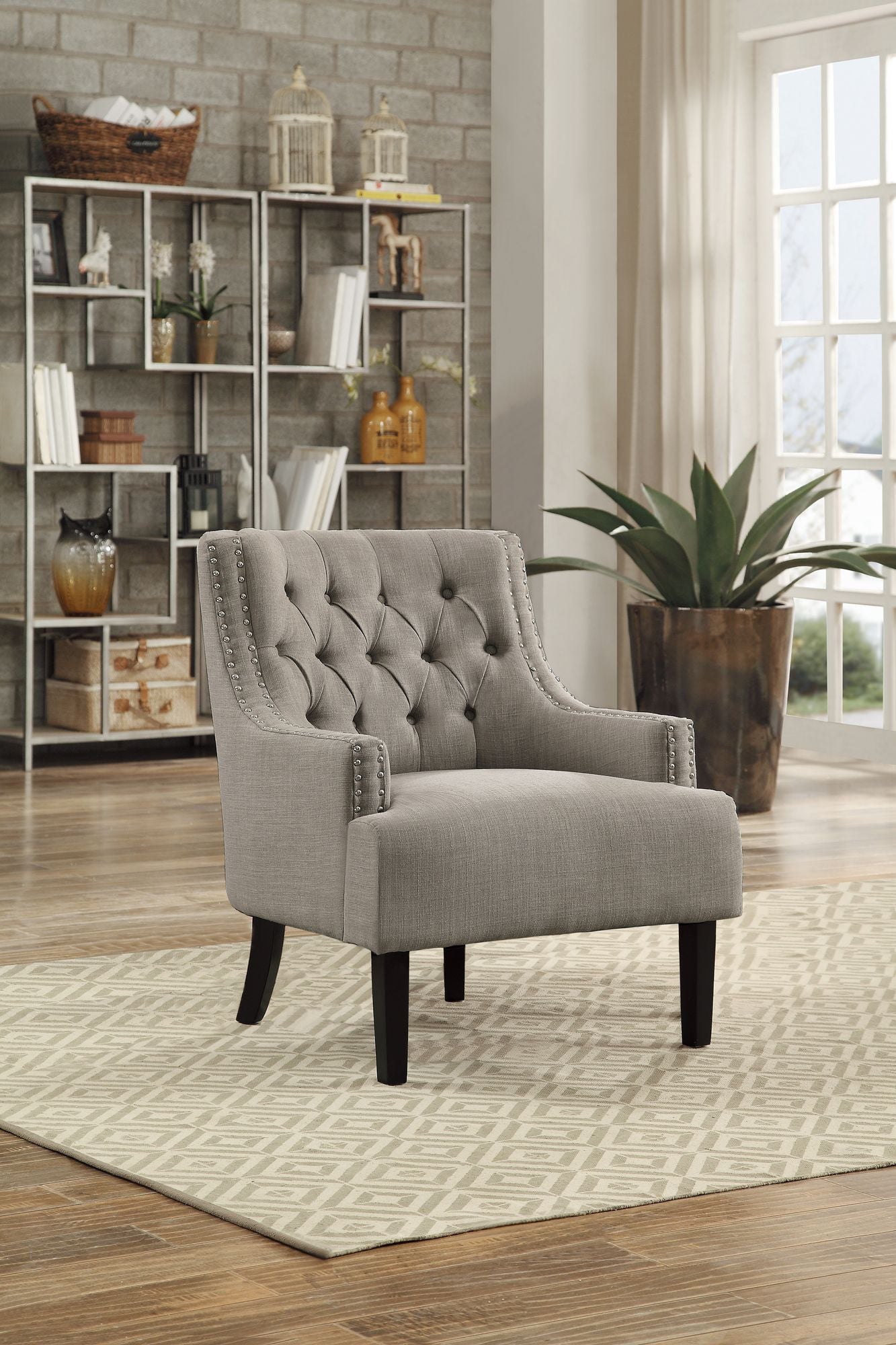 Modern Traditional Accent Chair Button Tufted Taupe Fabric Upholstery Solid Wood 1pc Living Room Furniture image 1