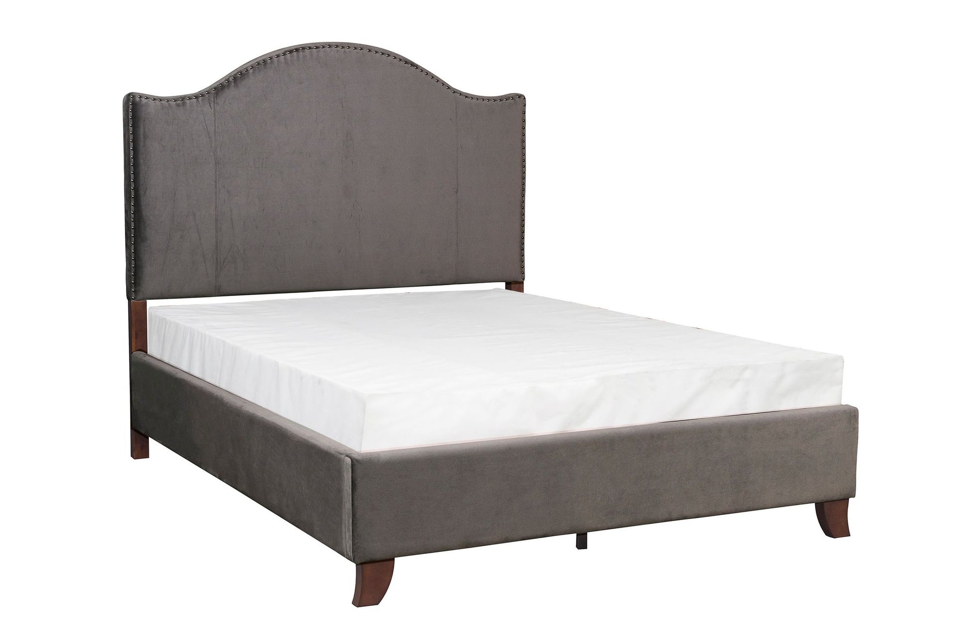 Modern Traditional Bedroom Gray Velvet Upholstered Full Bed Camelback Headboard Nailhead Trim Solid Wood Furniture 1pc P image 1
