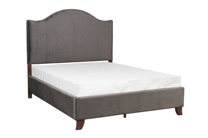 Modern Traditional Bedroom Gray Velvet Upholstered Full Bed Camelback Headboard Nailhead Trim Solid Wood Furniture 1pc P image 1