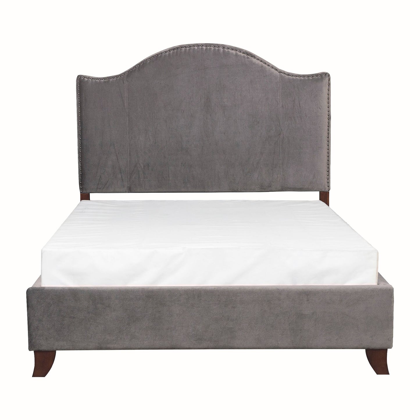 Modern Traditional Bedroom Gray Velvet Upholstered Full Bed Camelback Headboard Nailhead Trim Solid Wood Furniture 1pc P image 2