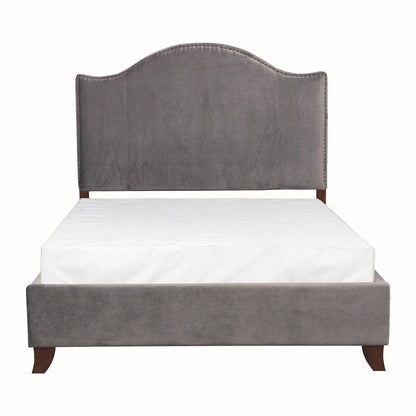 Modern Traditional Bedroom Gray Velvet Upholstered Full Bed Camelback Headboard Nailhead Trim Solid Wood Furniture 1pc P image 2