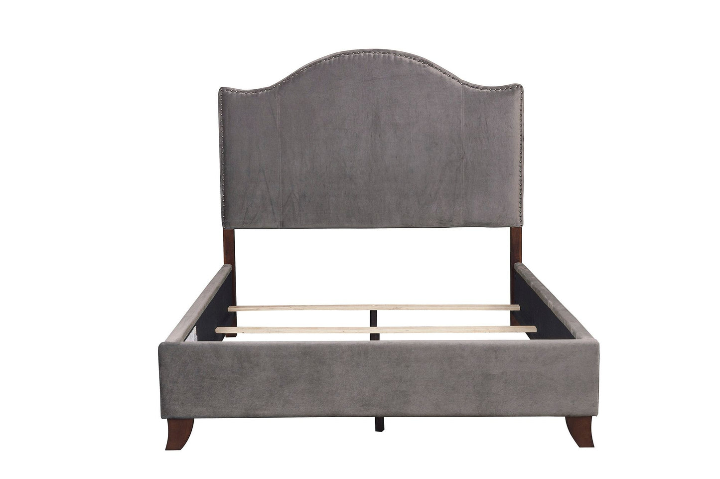Modern Traditional Bedroom Gray Velvet Upholstered Full Bed Camelback Headboard Nailhead Trim Solid Wood Furniture 1pc P image 5