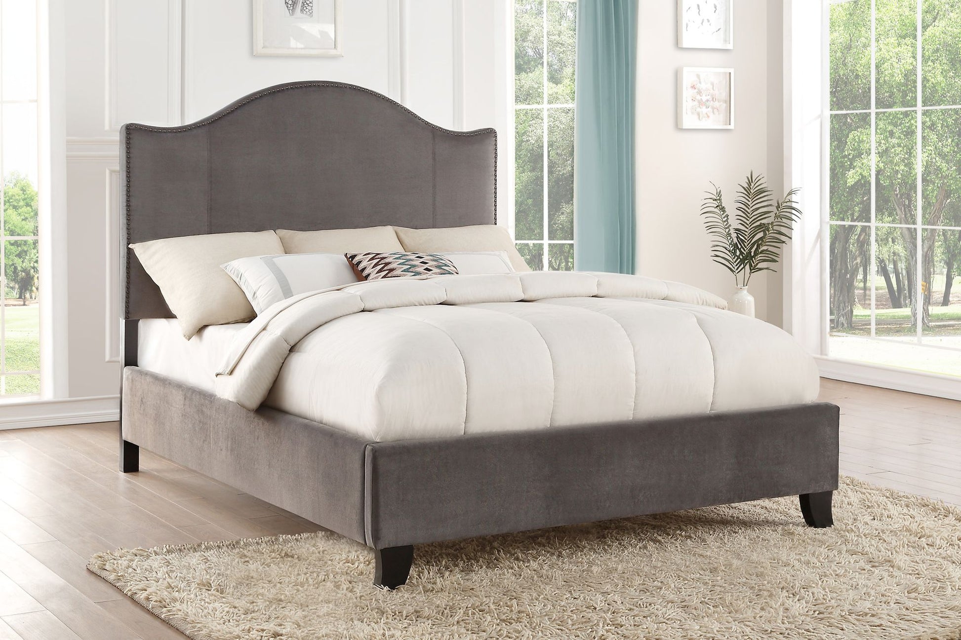 Modern Traditional Bedroom Gray Velvet Upholstered Full Bed Camelback Headboard Nailhead Trim Solid Wood Furniture 1pc P image 6