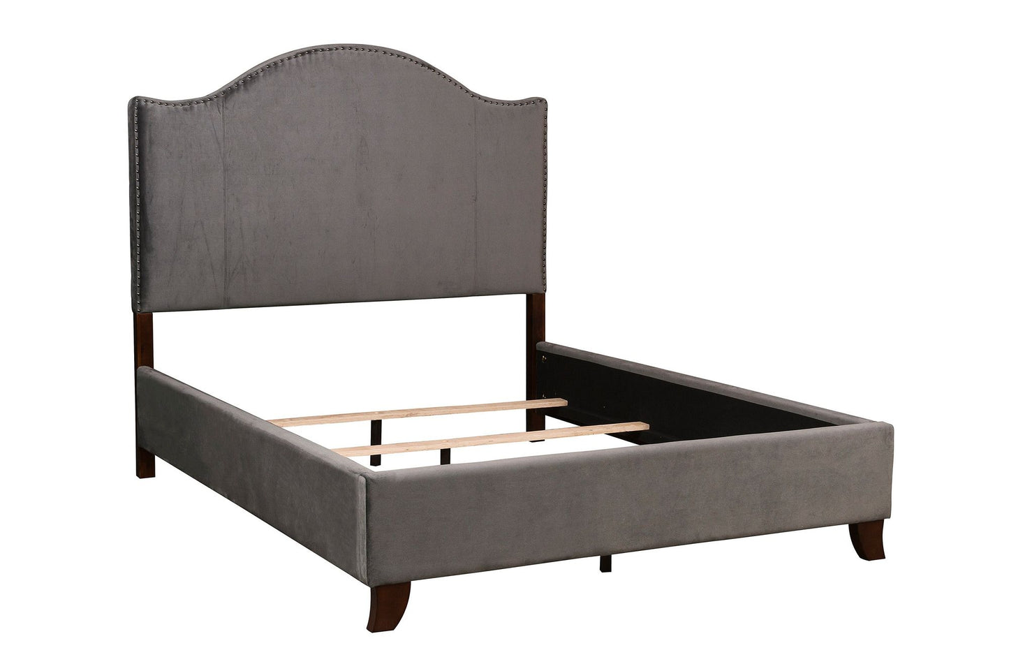 Modern Traditional Bedroom Gray Velvet Upholstered Full Bed Camelback Headboard Nailhead Trim Solid Wood Furniture 1pc P image 4