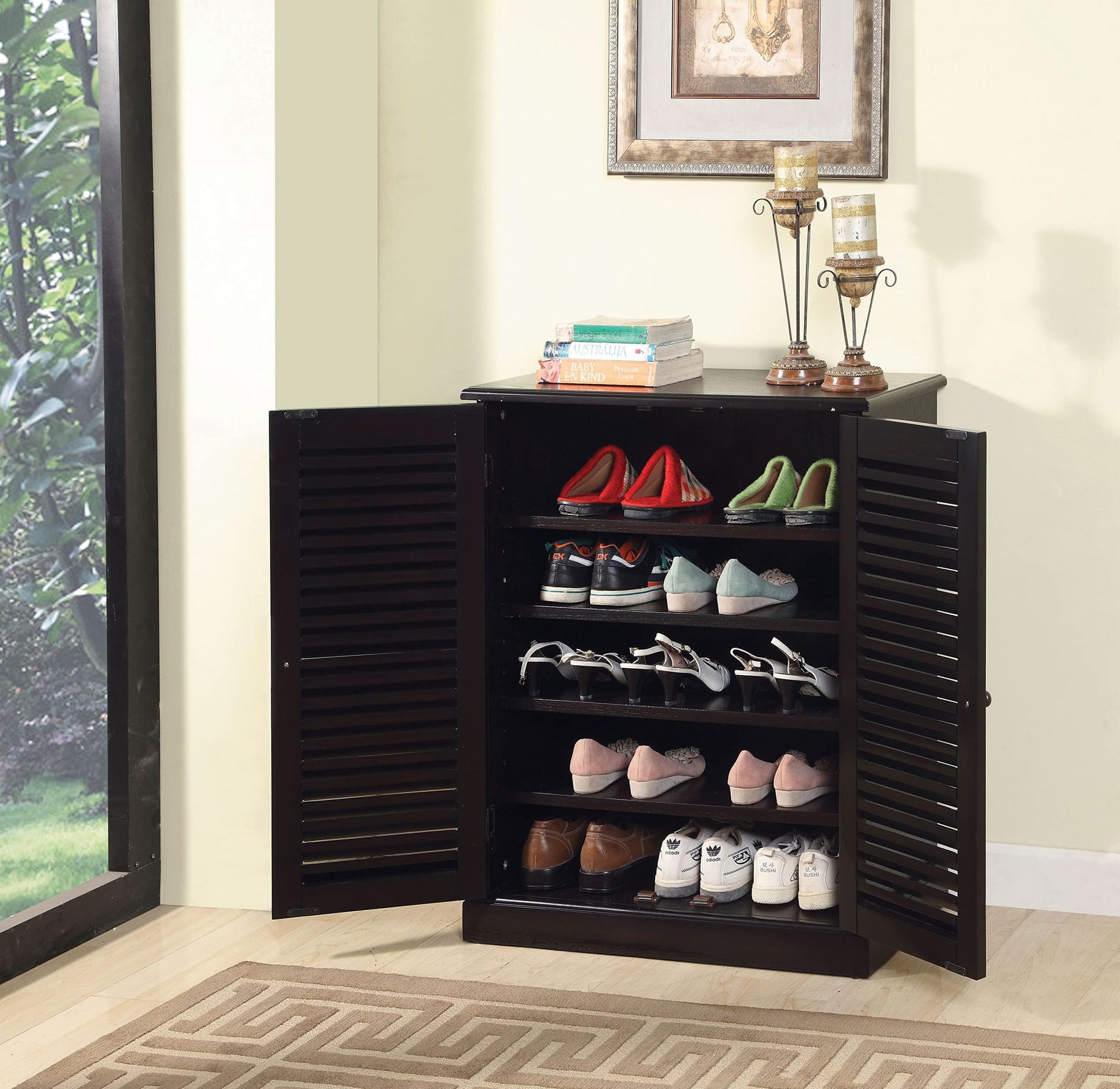 Modern Transitional Design 1pc Shoe Cabinet Espresso Finish Adjustable Shelves Louver Design Doors Home Furniture Shoe R image 4