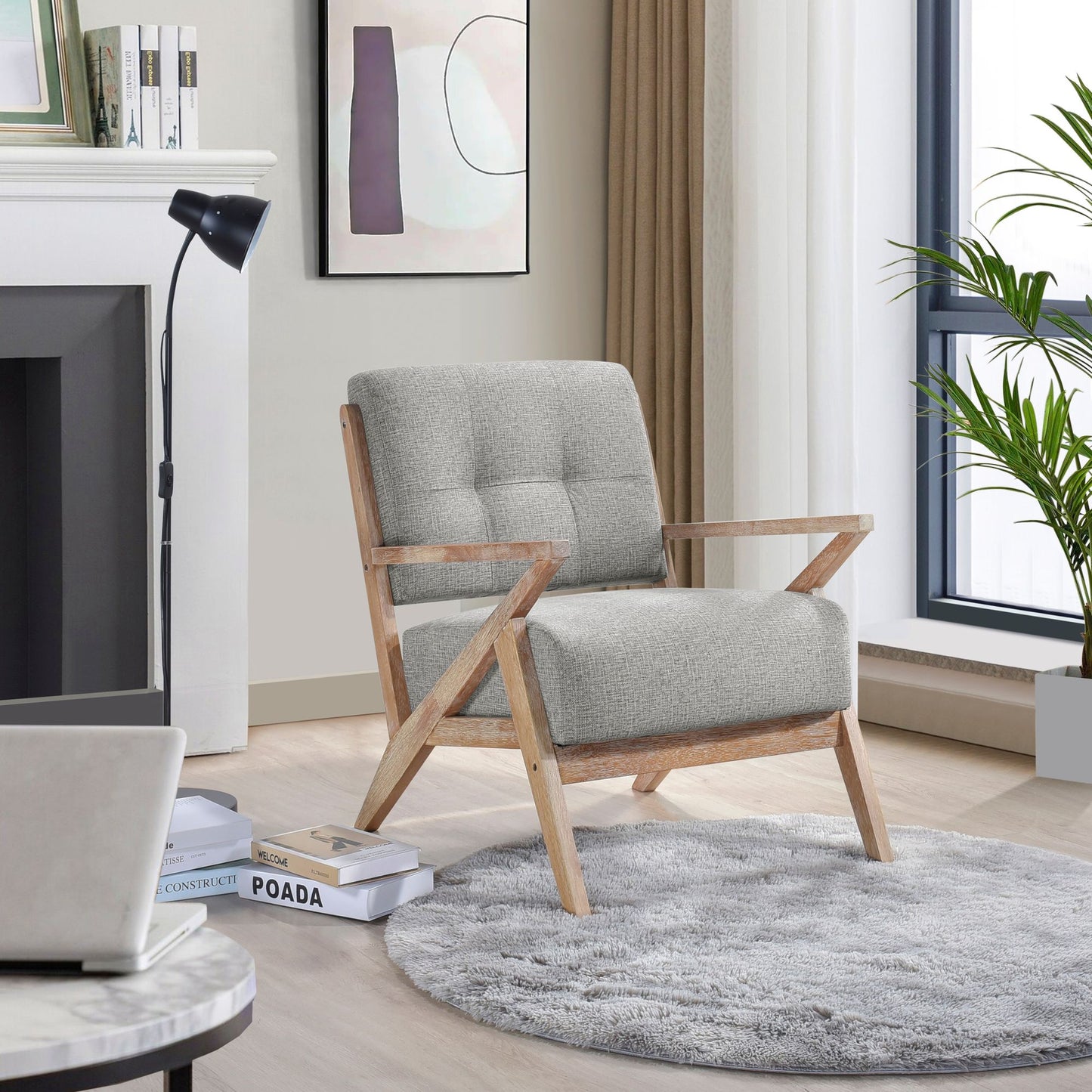 Modern Tufted Back Accent Chair 1pc Gray Upholstery Antique Finish Solid Rubberwood Unique Design Furniture image 7