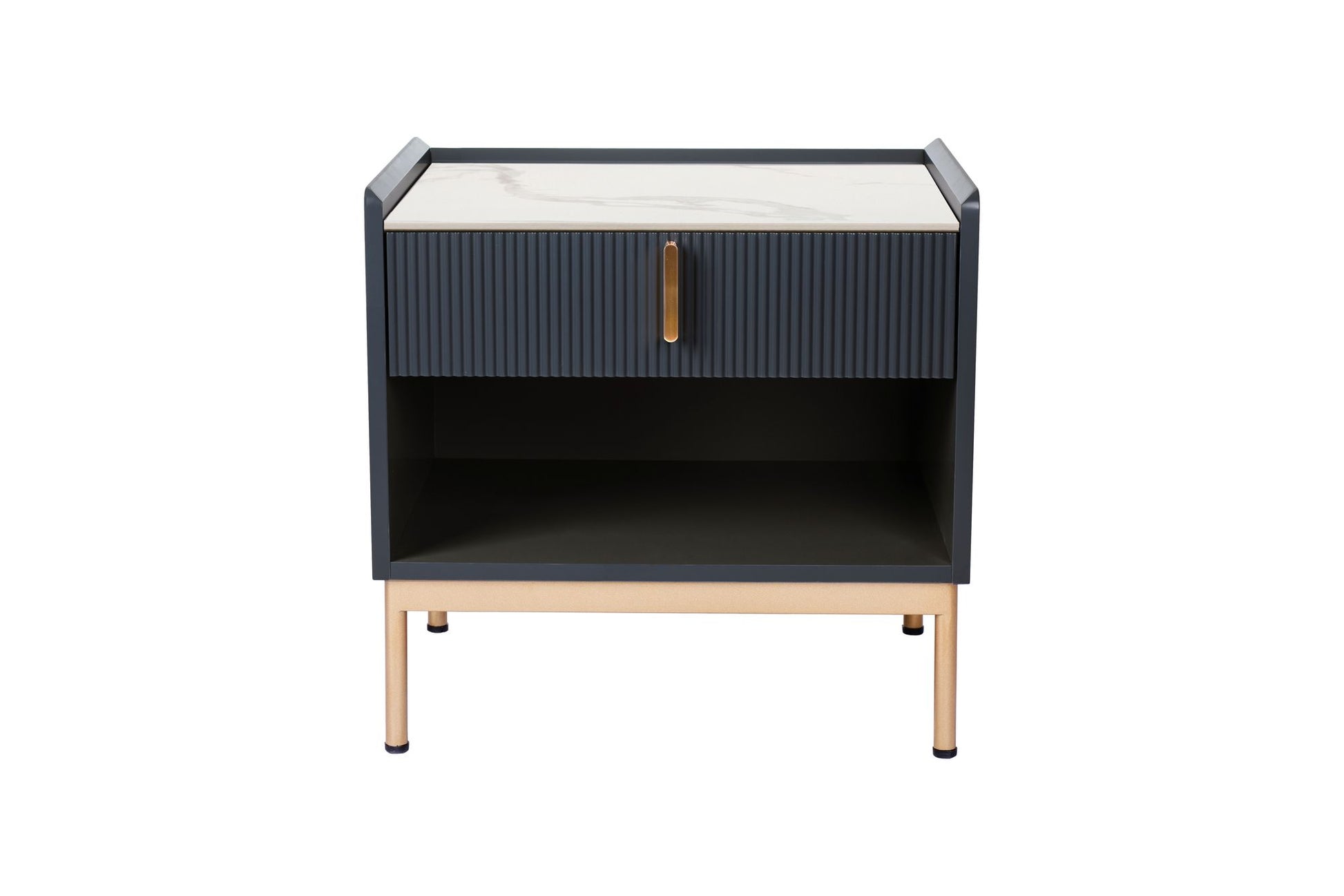 Modern white/grey end table with stone top and gold frame - front view