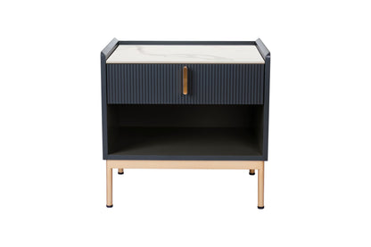 Modern white/grey end table with stone top and gold frame - front view