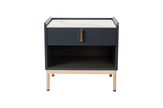 Modern white/grey end table with stone top and gold frame - front view
