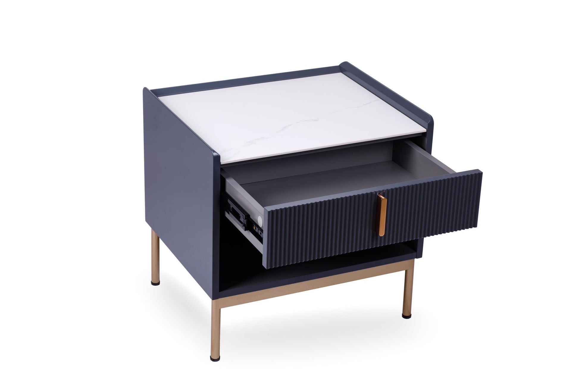 Modern white/grey night stand with gold frame and drawer - angle view