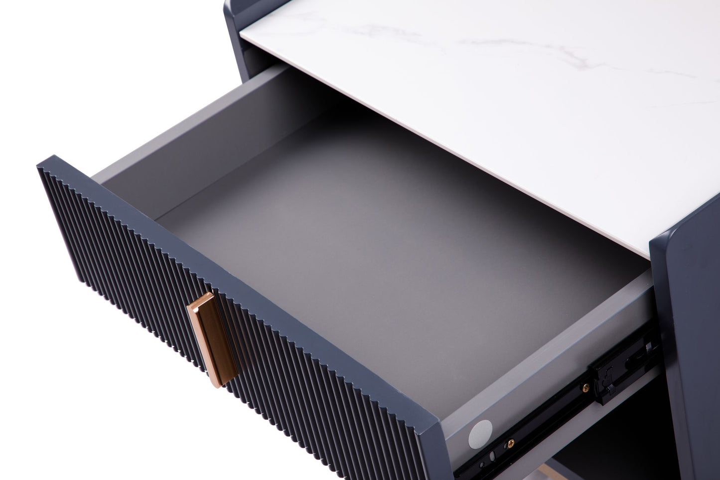 Close-up of white sintered stone tabletop on gold metal legs