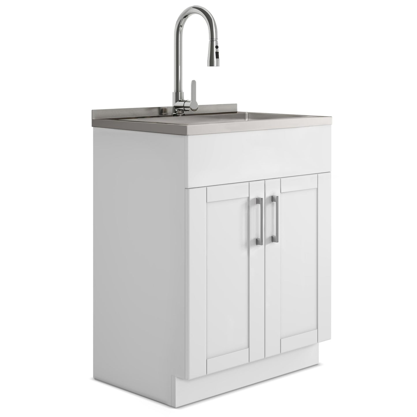 Modern Wide Shaker - 28" Laundry Cabinet with Faucet and Stainless Steel Sink - White image 1