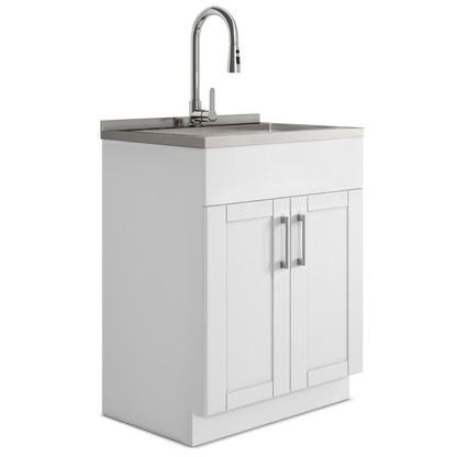 Modern Wide Shaker - 28" Laundry Cabinet with Faucet and Stainless Steel Sink - White image 1