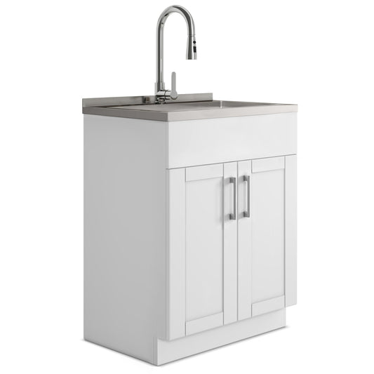 Modern Wide Shaker - 28" Laundry Cabinet with Faucet and Stainless Steel Sink - White image 1