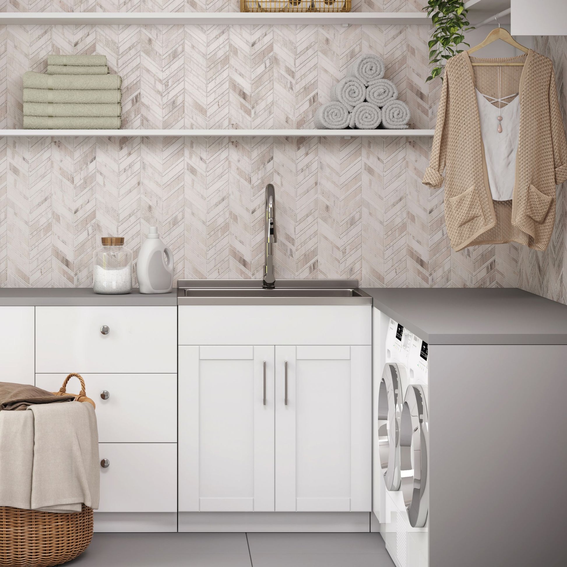 Modern Wide Shaker - 28" Laundry Cabinet with Faucet and Stainless Steel Sink - White image 9