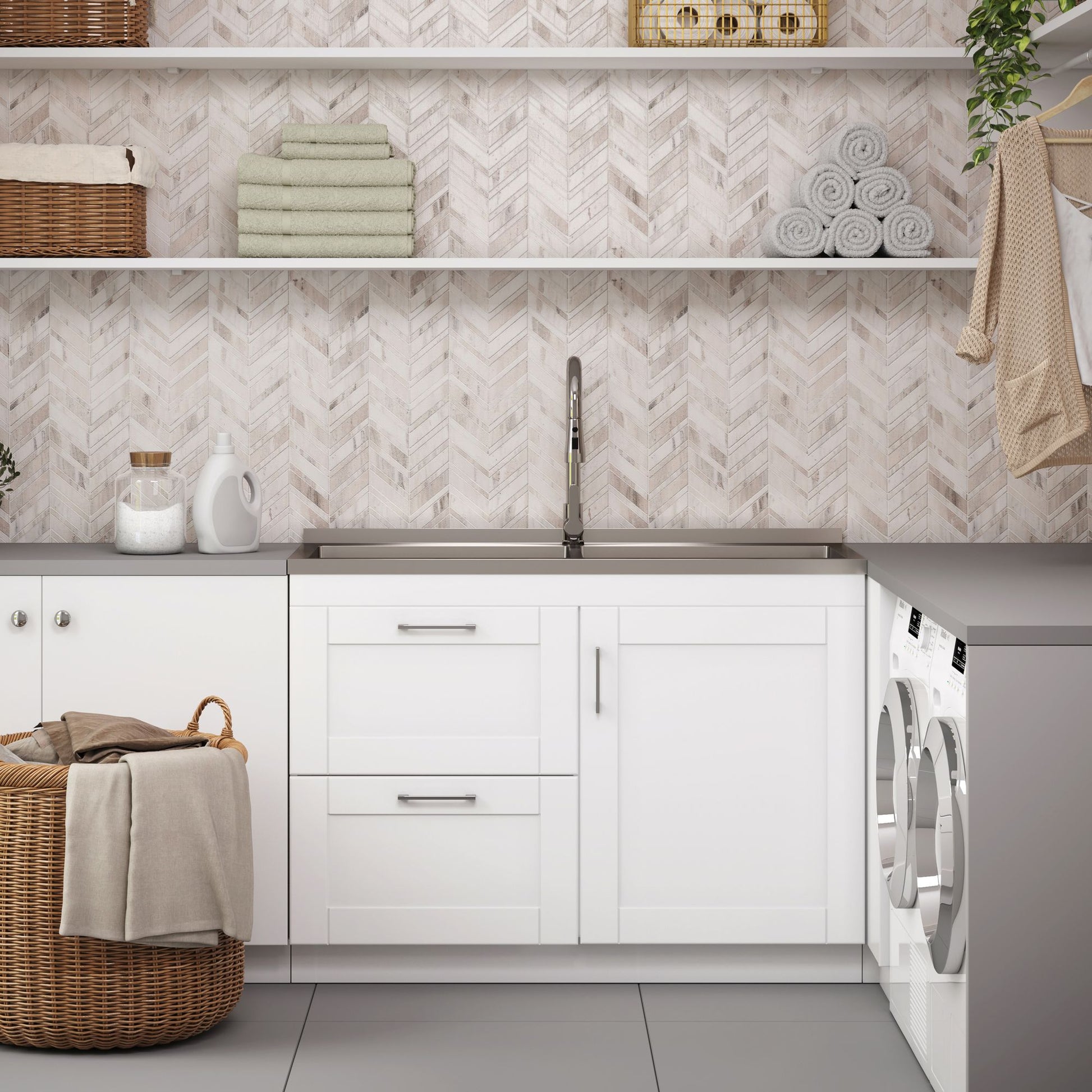 Modern Wide Shaker - 46" Laundry Cabinet with Faucet and Stainless Steel Sink - White image 9