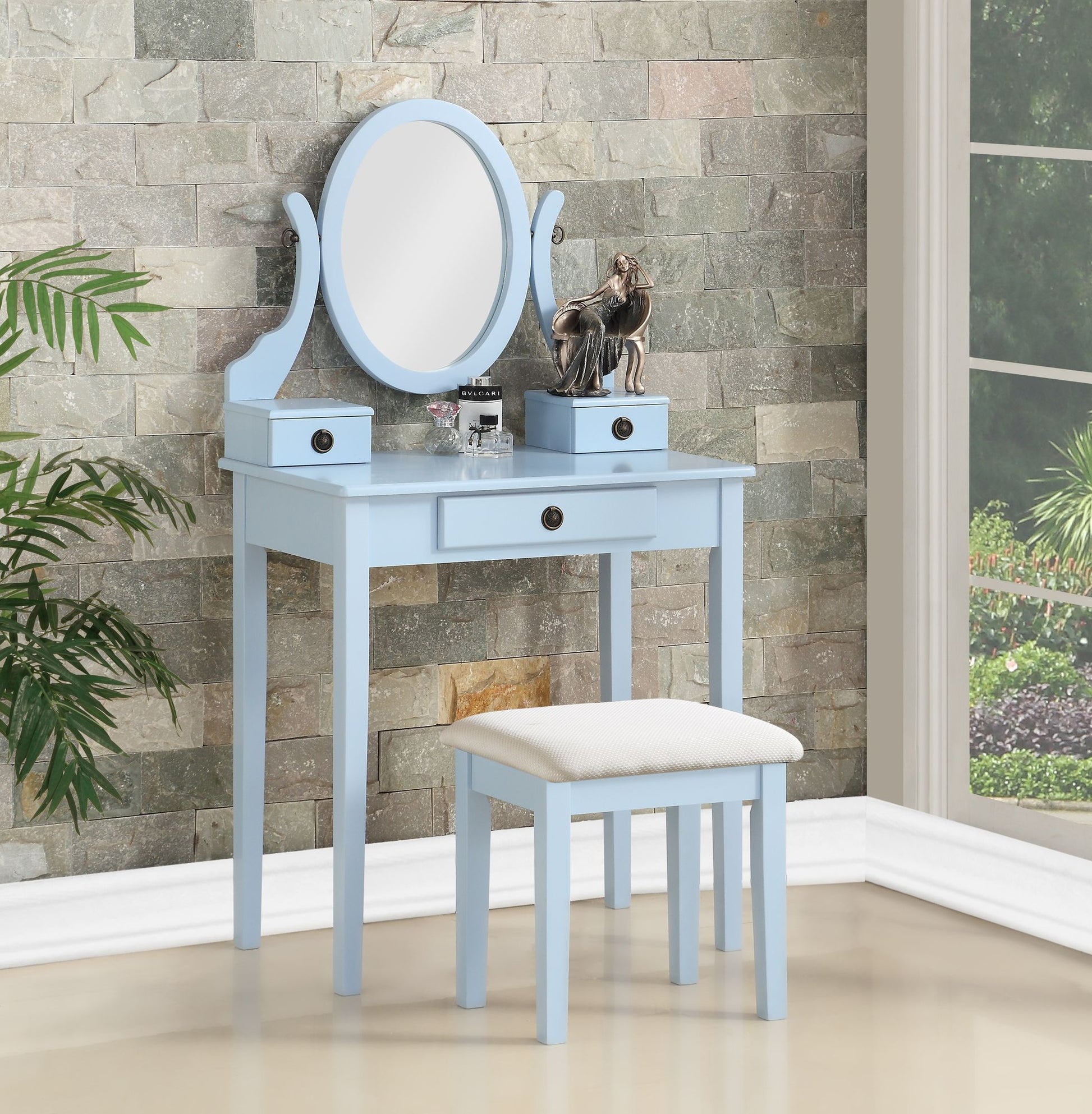 Moniys Wood Moniya Makeup Vanity Table and Stool Set, Blue image 1