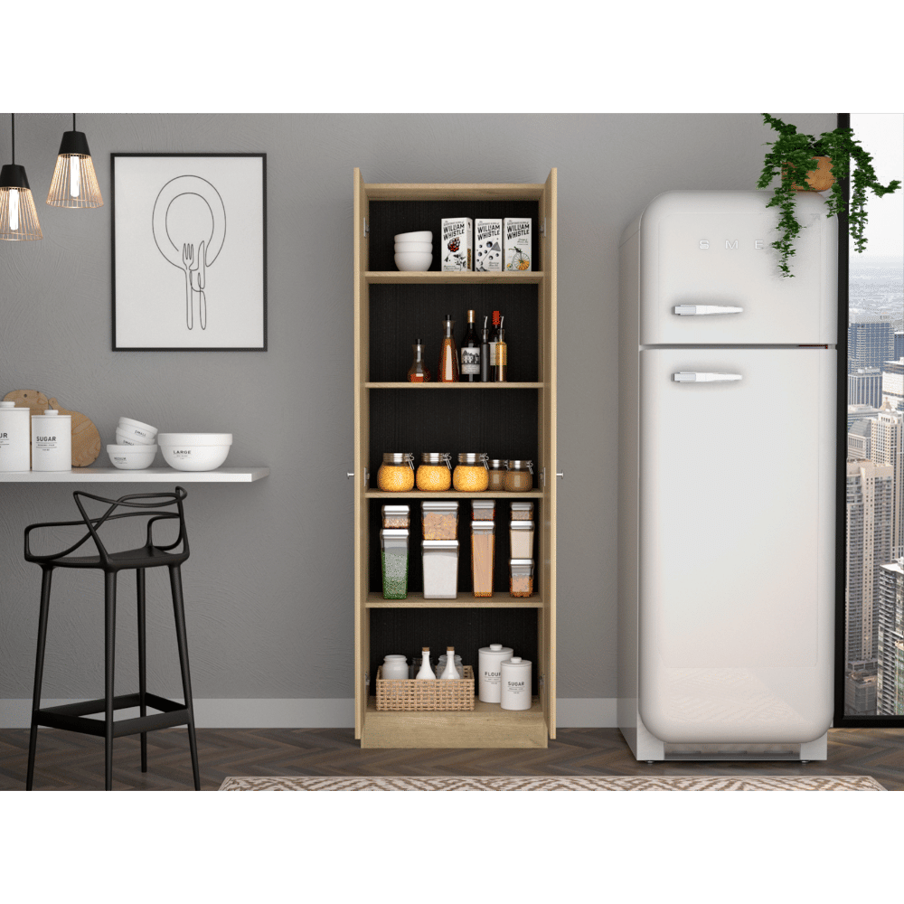 Multistorage Cabinet 71" H, Two Doors, Five Internal Shelves, Light Oak / Black image 2
