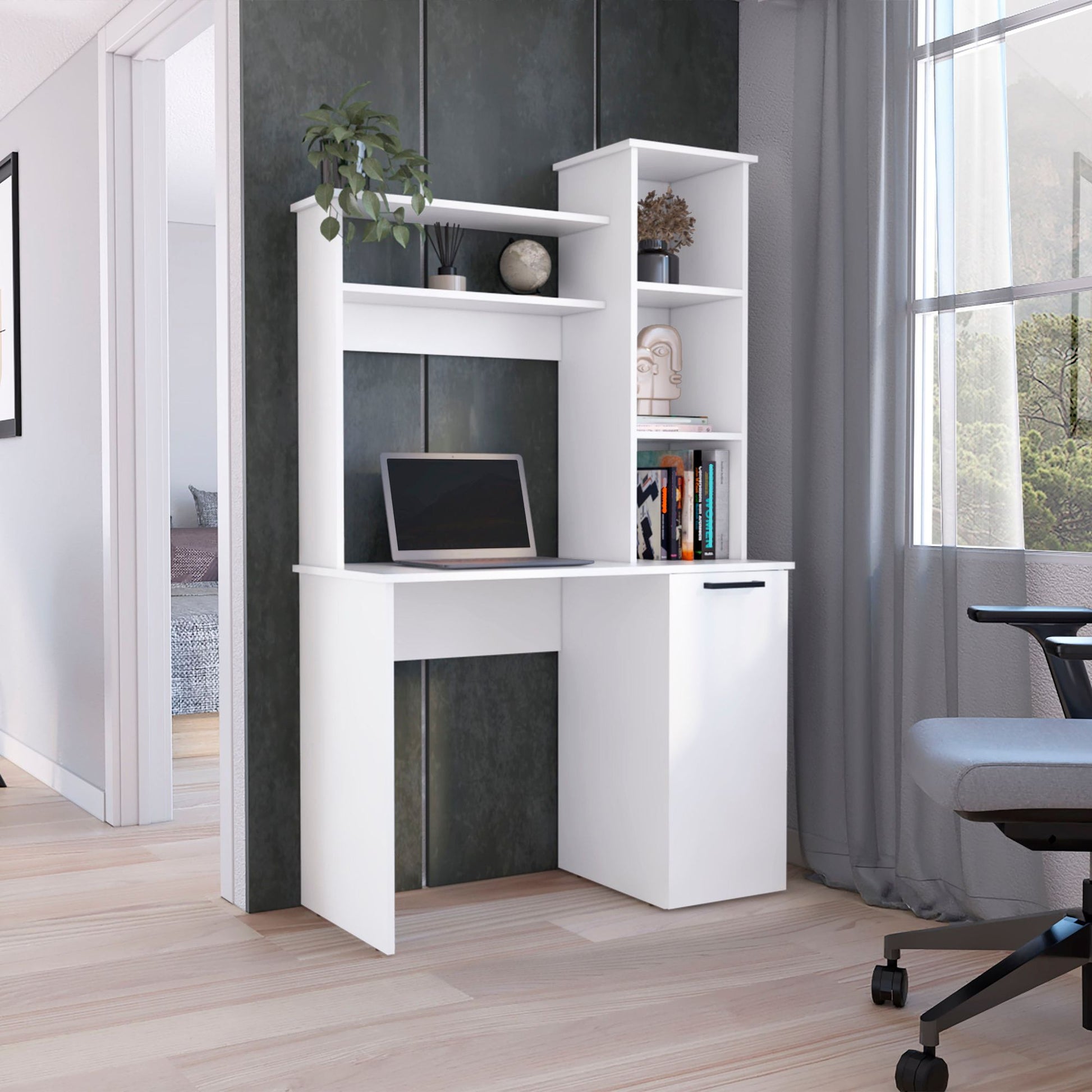 Muncy Computer Desk with Ample Work Surface, Hutch Storage and Single Door Cabinet with 3-Tier Shelves, Black image 1