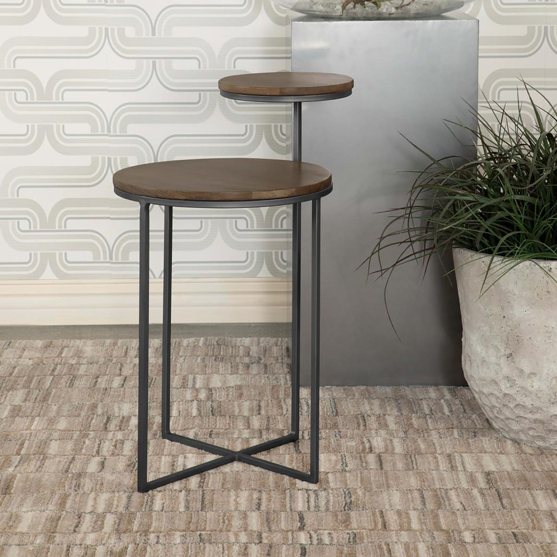 Natural and Gunmetal 2-Tier Accent Table image 1