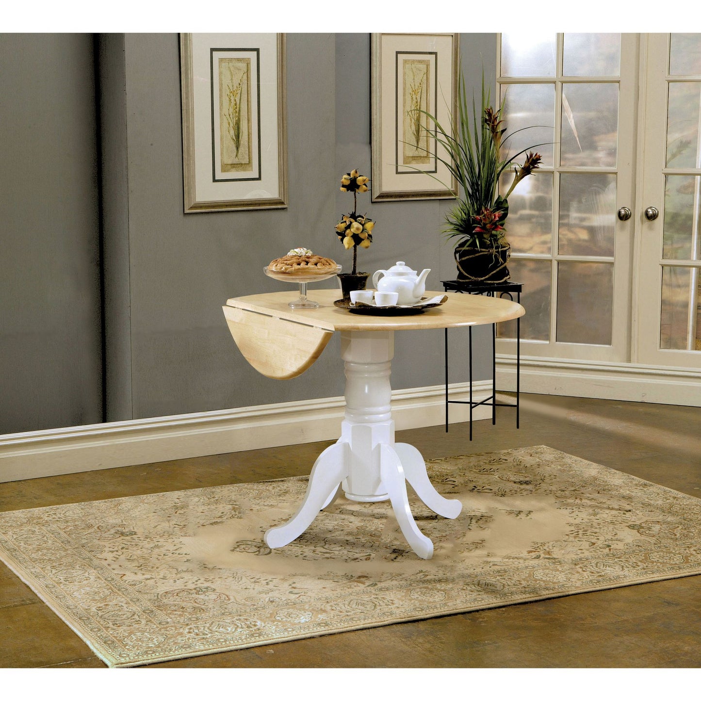 Natural Brown and White Round Dining Table with Drop Leaf image 1