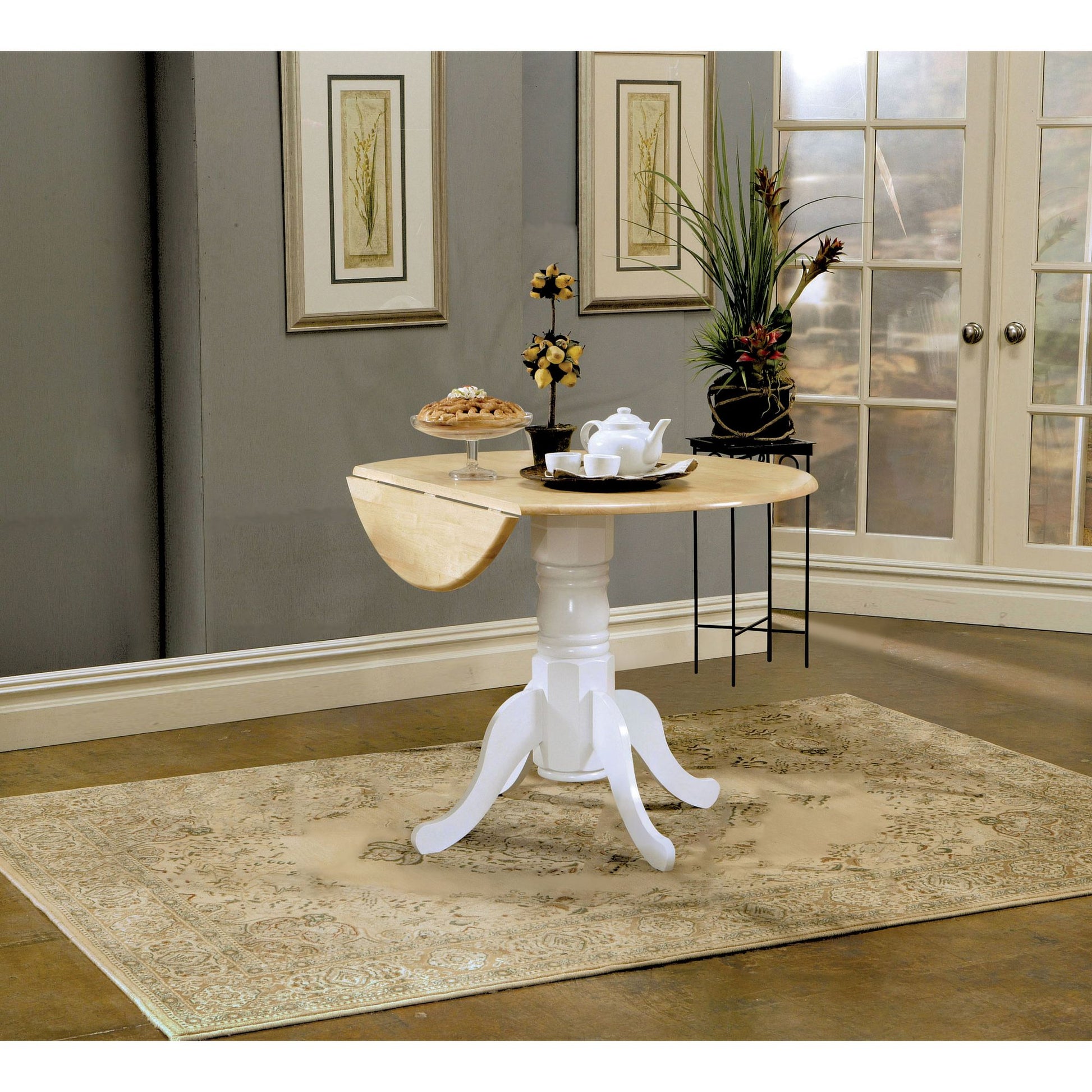 Natural Brown and White Round Dining Table with Drop Leaf image 1