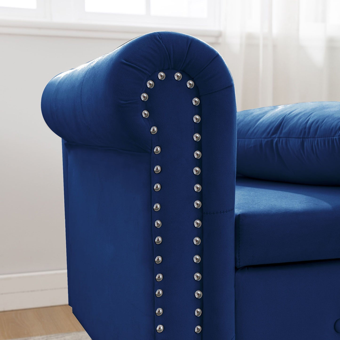 Navy Blue Chaise Lounge Indoor,Velvet Lounge Chair for Bedroom with Storage & Pillow,Modern Upholstered Rolled Arm Chase image 6
