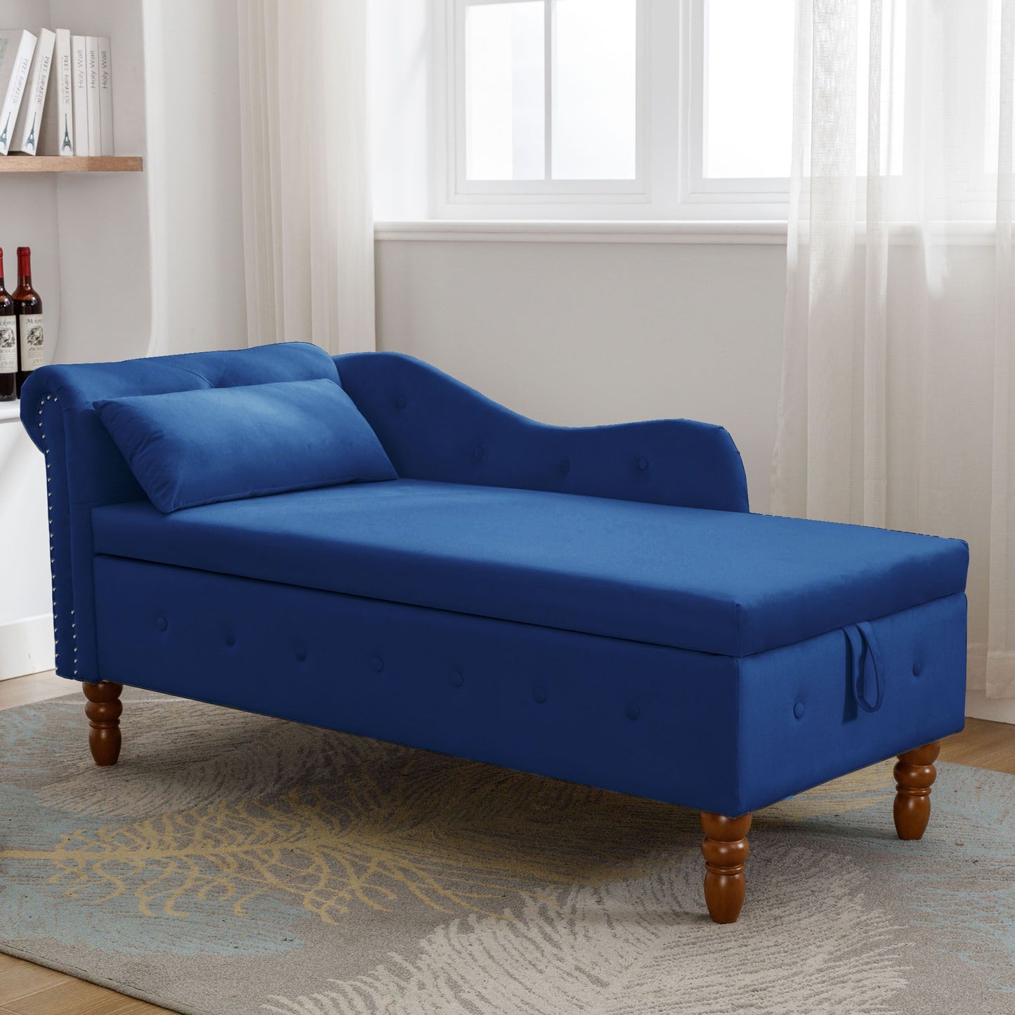 Navy Blue Chaise Lounge Indoor,Velvet Lounge Chair for Bedroom with Storage & Pillow,Modern Upholstered Rolled Arm Chase image 8