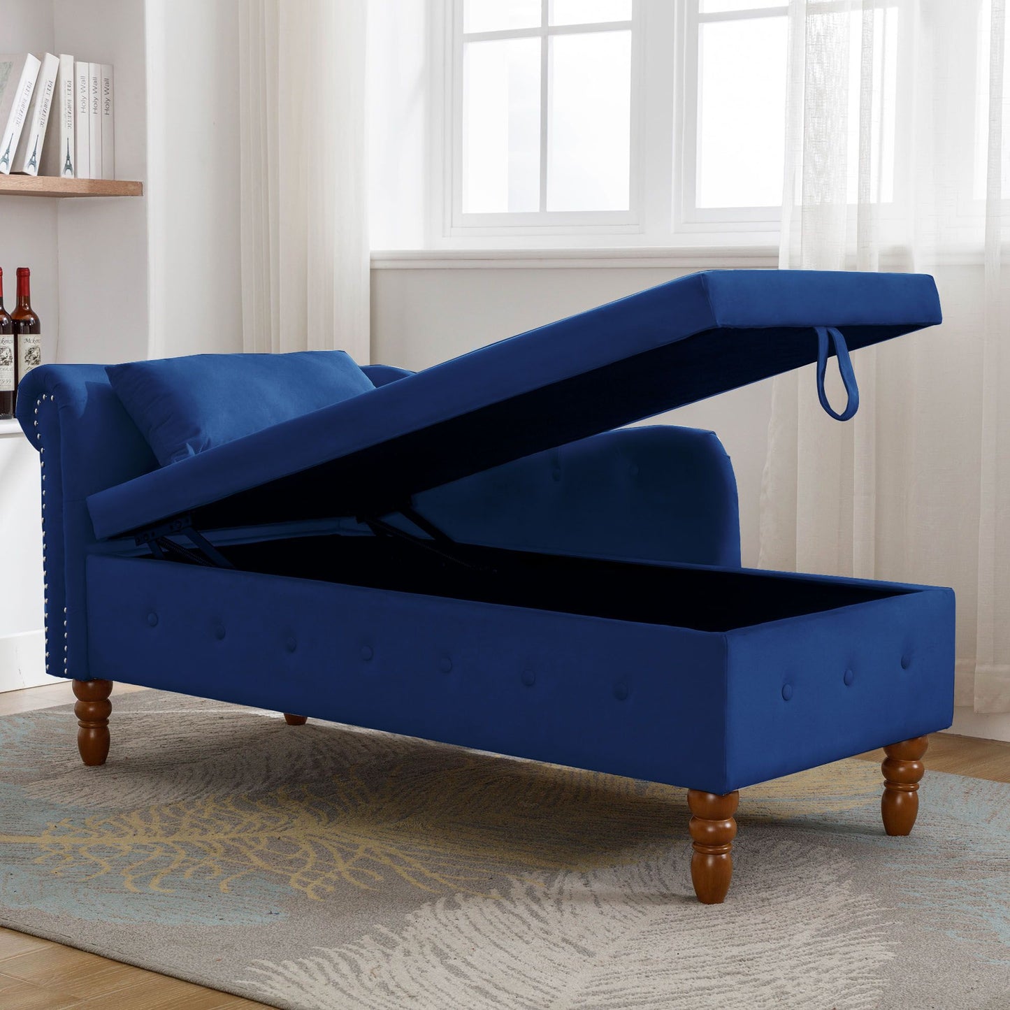 Navy Blue Chaise Lounge Indoor,Velvet Lounge Chair for Bedroom with Storage & Pillow,Modern Upholstered Rolled Arm Chase image 7
