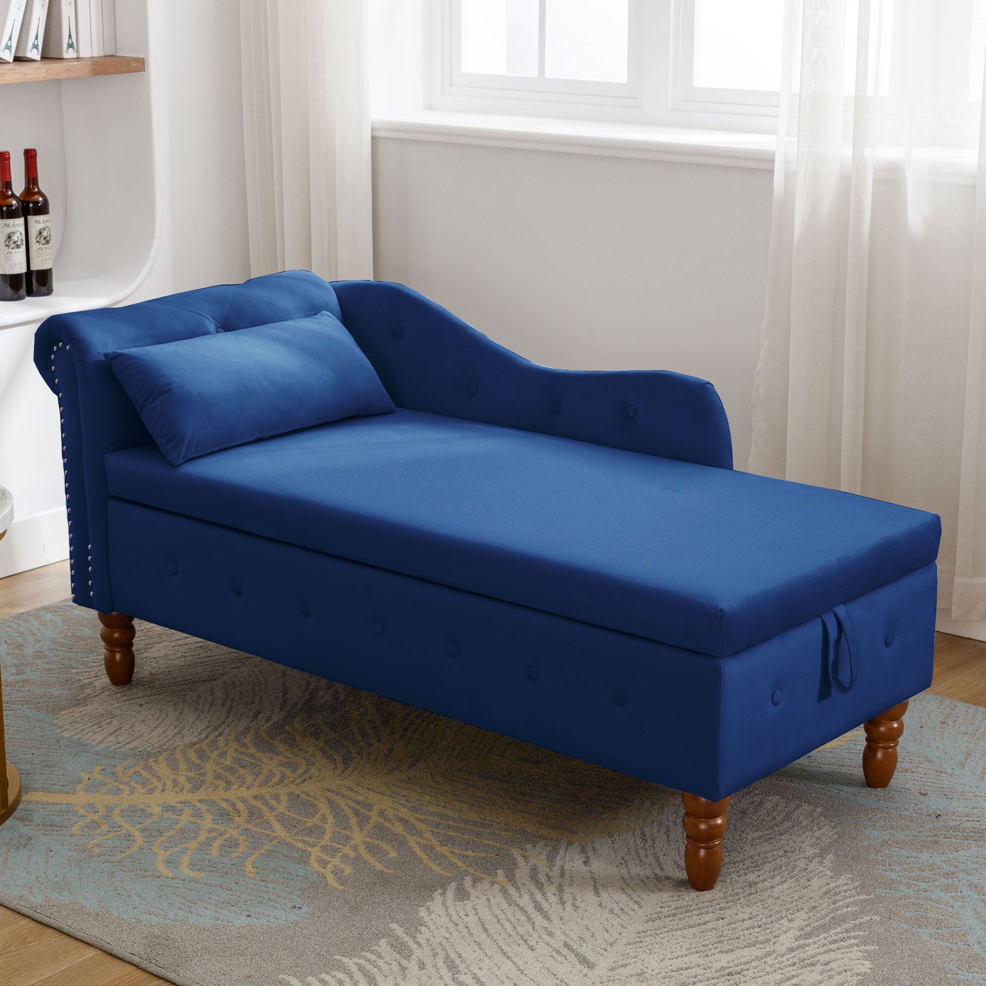 Navy Blue Chaise Lounge Indoor,Velvet Lounge Chair for Bedroom with Storage & Pillow,Modern Upholstered Rolled Arm Chase image 9