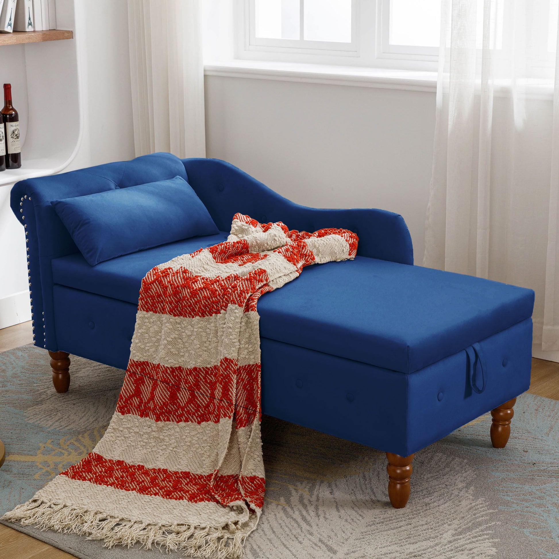 Navy Blue Chaise Lounge Indoor,Velvet Lounge Chair for Bedroom with Storage & Pillow,Modern Upholstered Rolled Arm Chase image 1