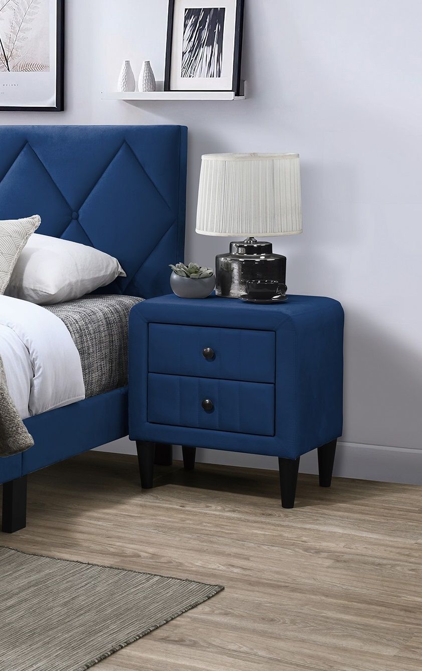 Navy Blue Color Velvet Gorgeous 1pc Nightstand Bedside Table 2x Drawers Bedroom Furniture Sleek Design Tempered Legs image 3