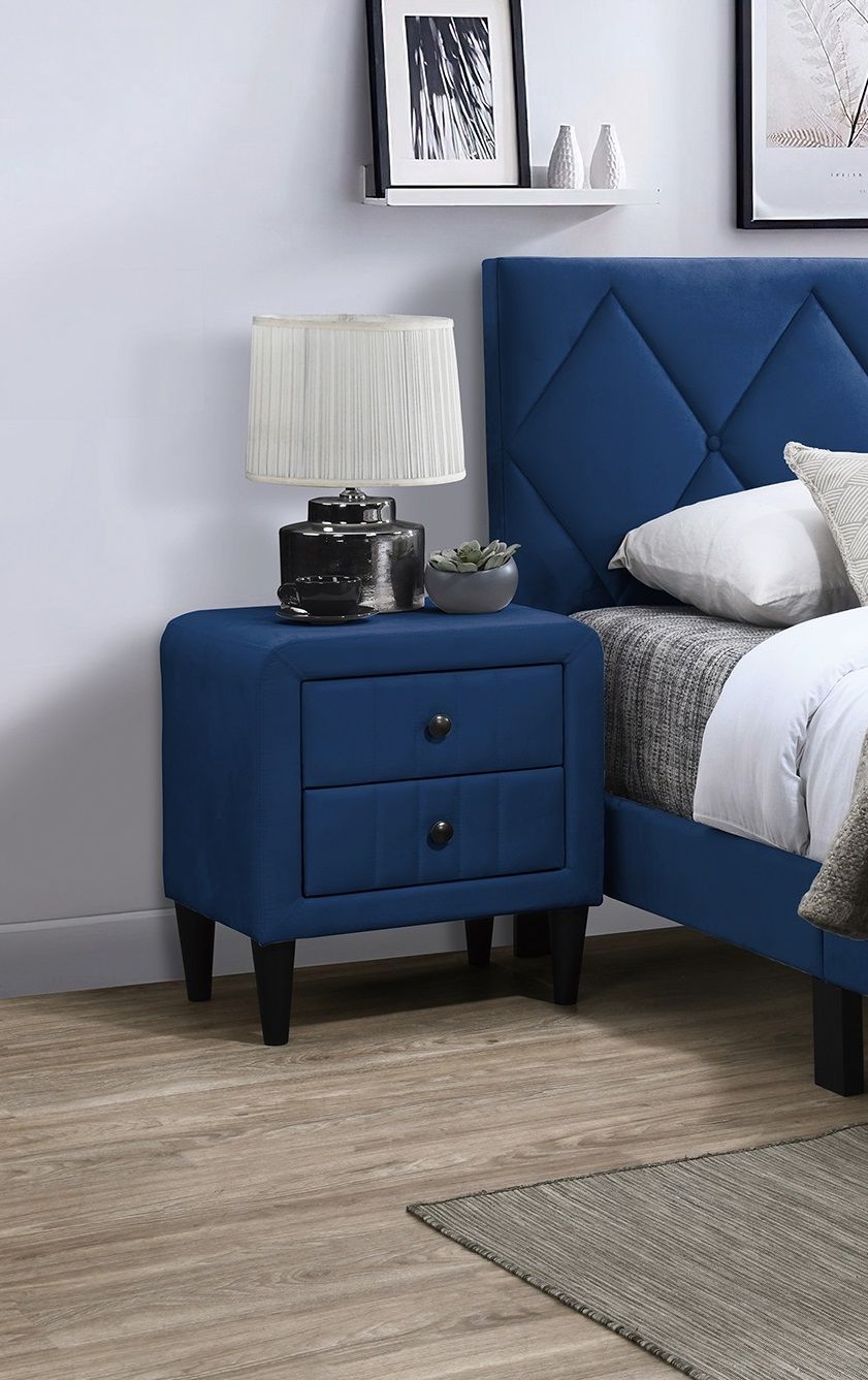 Navy Blue Color Velvet Gorgeous 1pc Nightstand Bedside Table 2x Drawers Bedroom Furniture Sleek Design Tempered Legs image 1