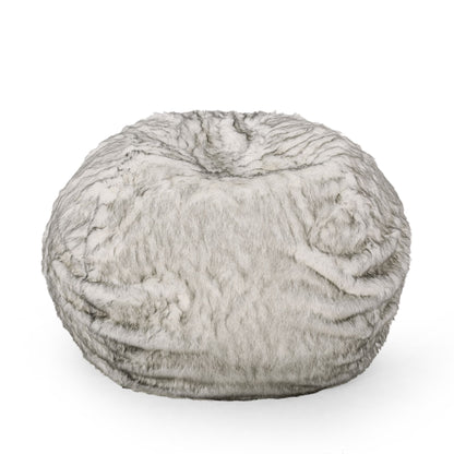 Negar 5 Foot Rounded Short Faux Fur Bean Bag, White and Gray image 4