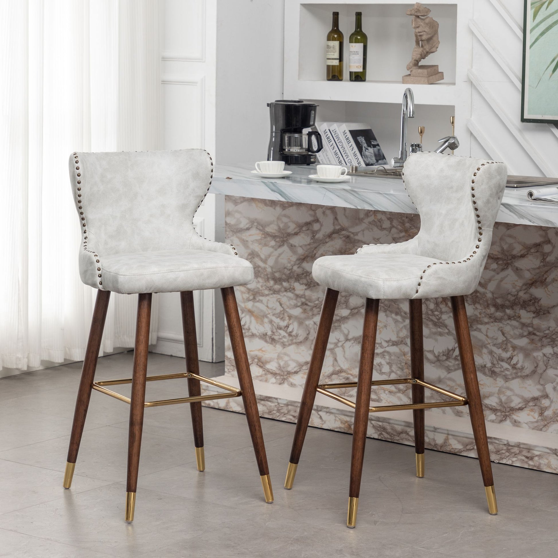 Nevis Mid-century Modern Faux Leather Tufted Nailhead Trim Barstool Set of 2, Off-White image 2