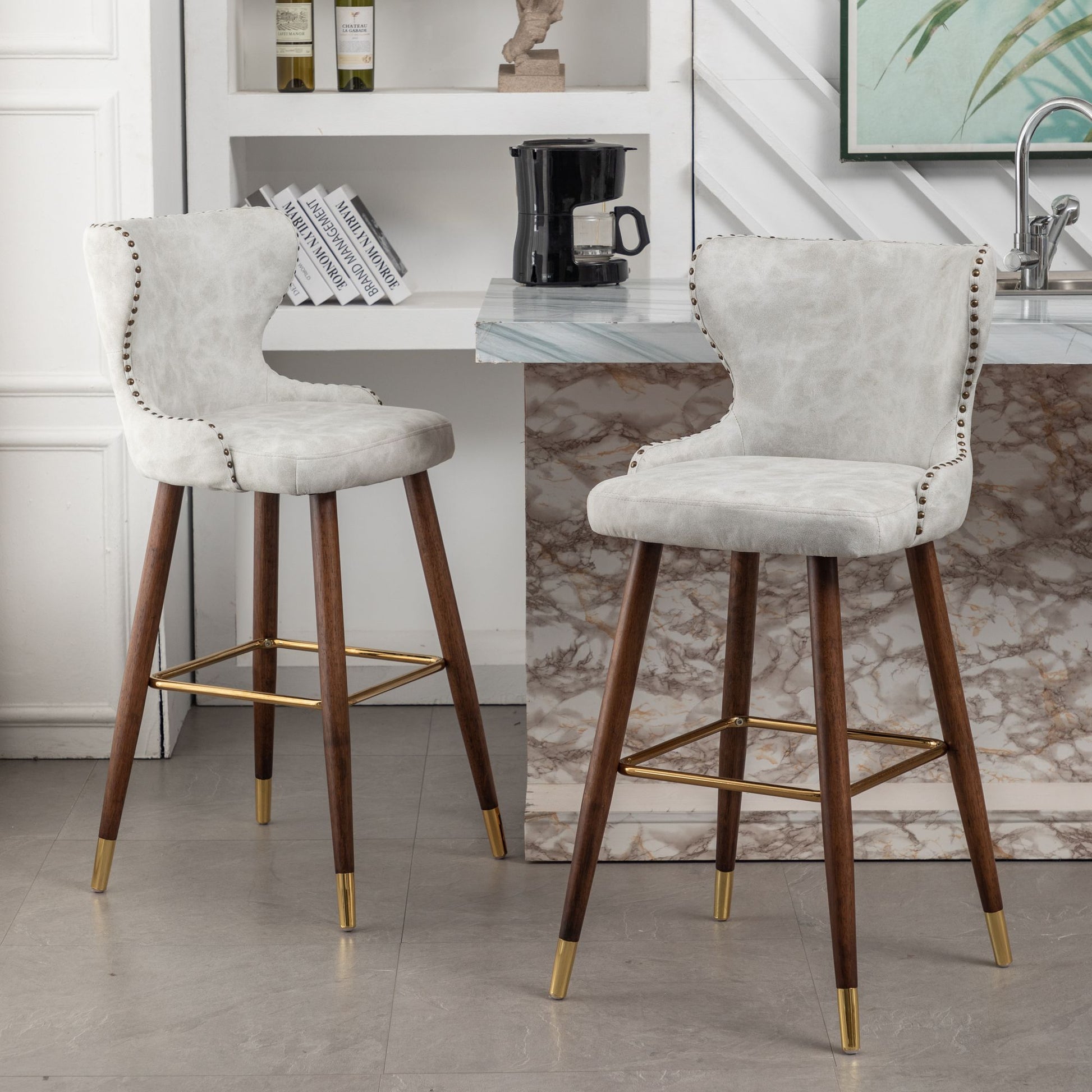 Nevis Mid-century Modern Faux Leather Tufted Nailhead Trim Barstool Set of 2, Off-White image 4