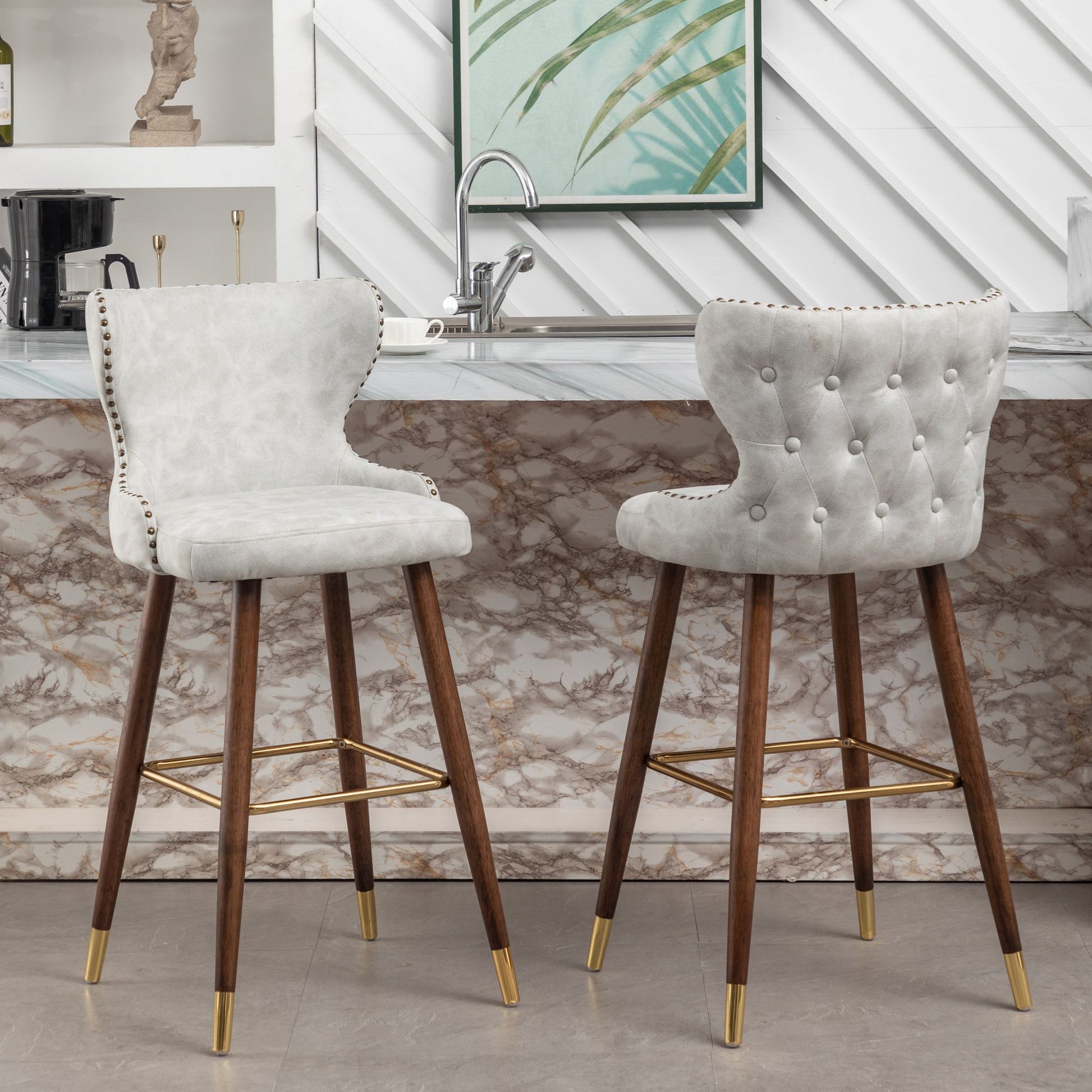 Nevis Mid-century Modern Faux Leather Tufted Nailhead Trim Barstool Set of 2, Off-White image 3