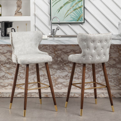 Nevis Mid-century Modern Faux Leather Tufted Nailhead Trim Barstool Set of 2, Off-White image 3