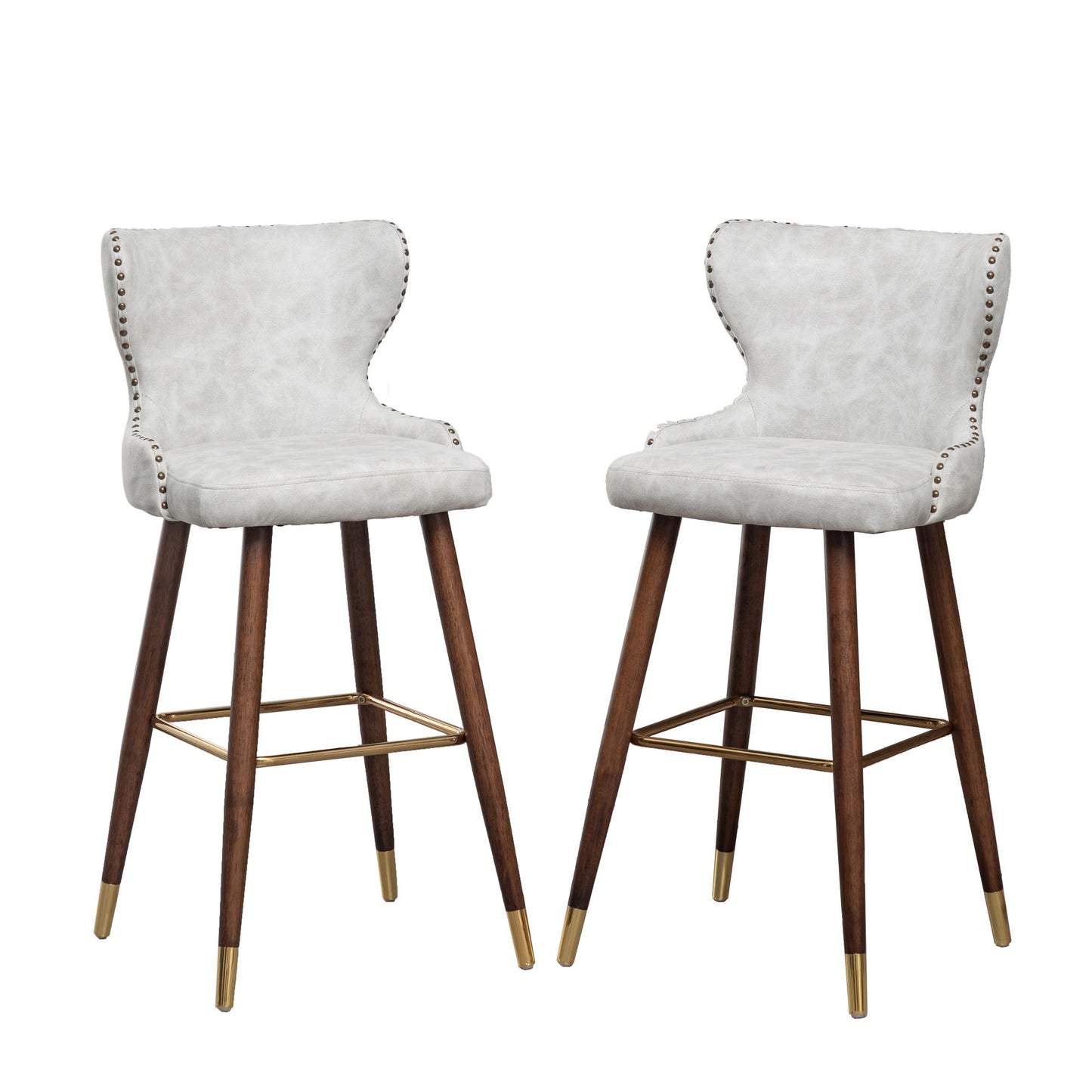 Nevis Mid-century Modern Faux Leather Tufted Nailhead Trim Barstool Set of 2, Off-White image 12