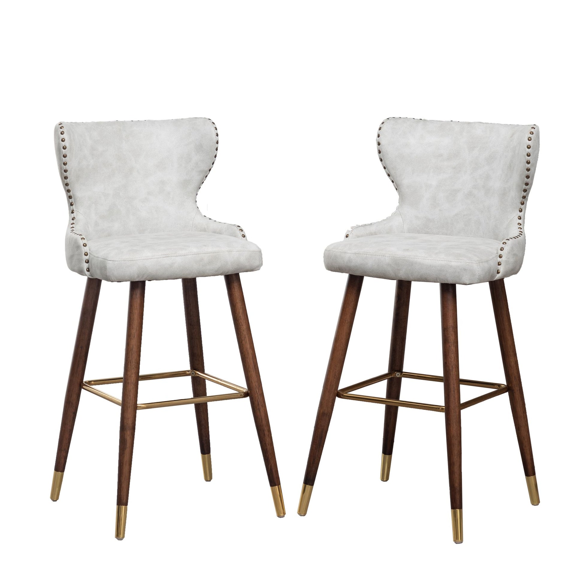 Nevis Mid-century Modern Faux Leather Tufted Nailhead Trim Barstool Set of 2, Off-White image 12