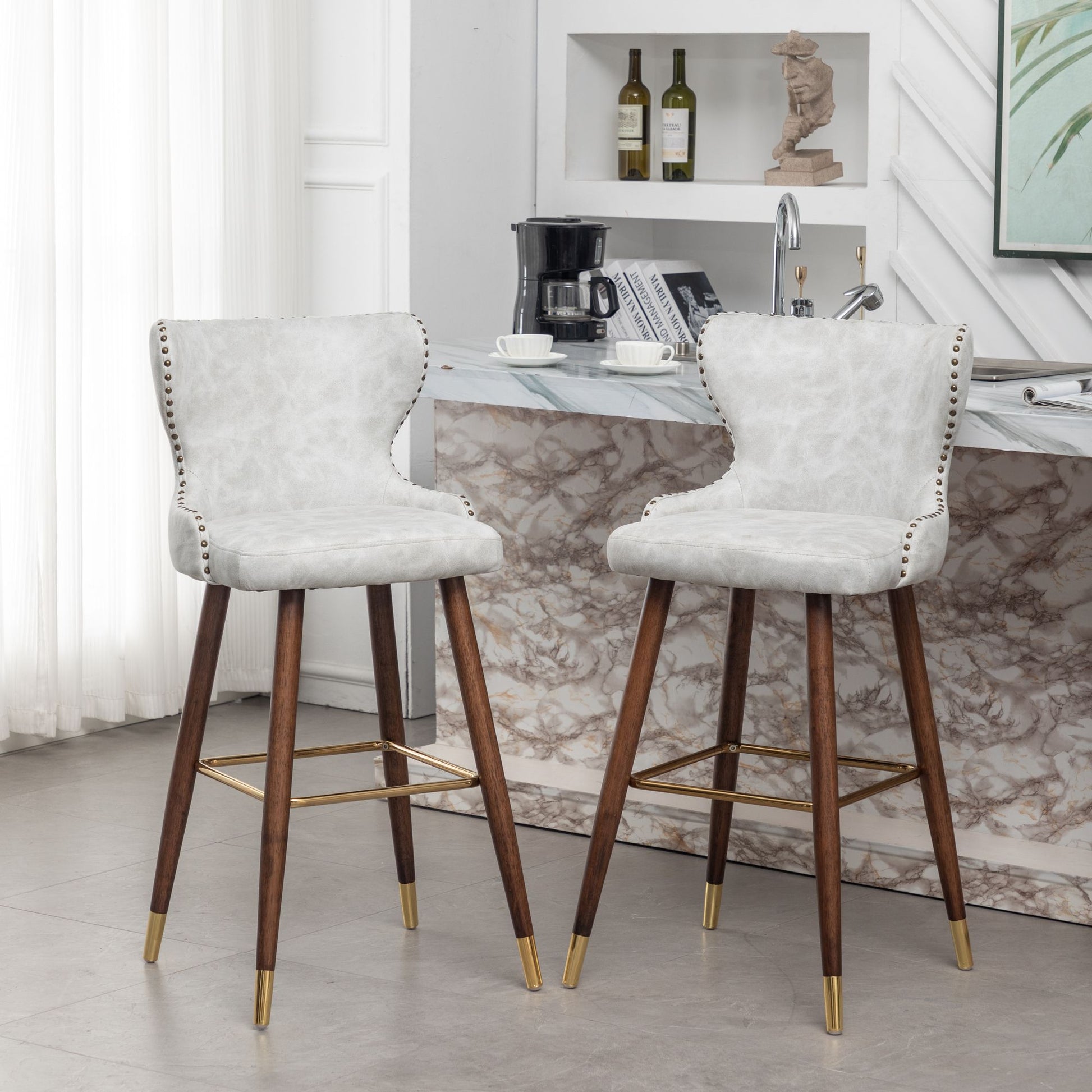 Nevis Mid-century Modern Faux Leather Tufted Nailhead Trim Barstool Set of 2, Off-White image 1