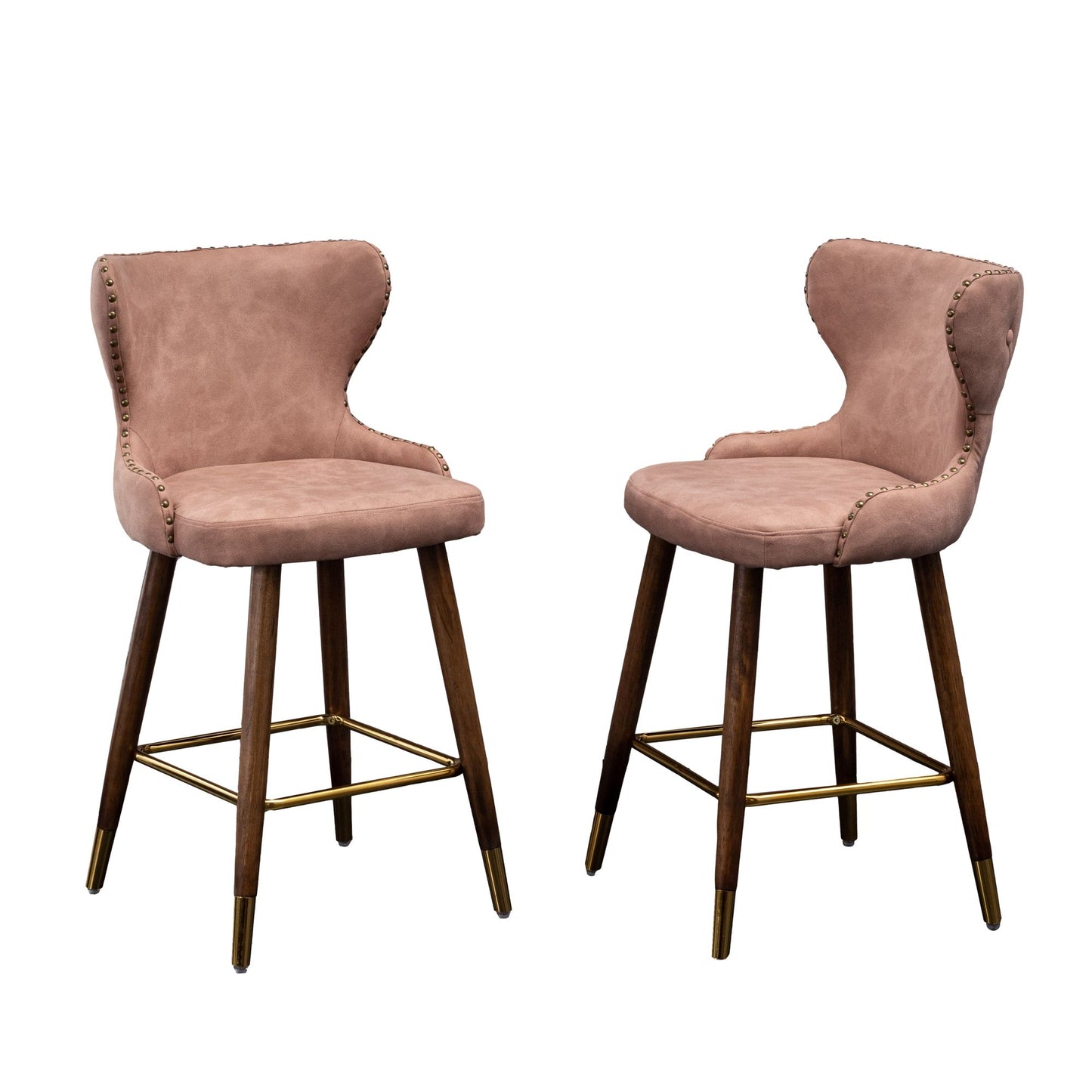 Nevis Mid-century Modern Faux Leather Tufted Nailhead Trim Counter Stool Set of 2, Pink image 15