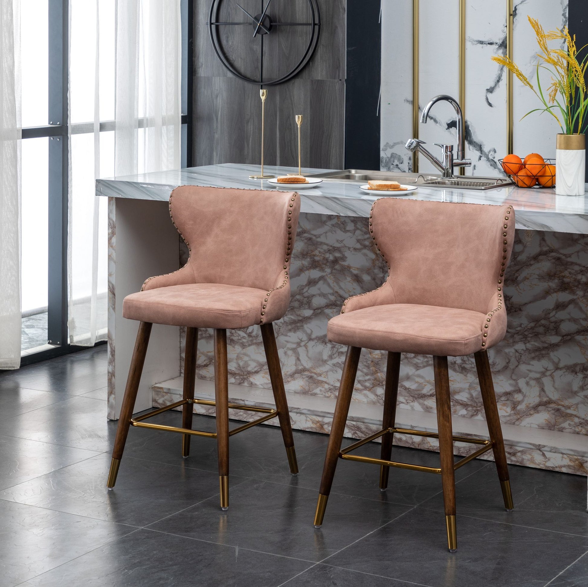 Nevis Mid-century Modern Faux Leather Tufted Nailhead Trim Counter Stool Set of 2, Pink image 4