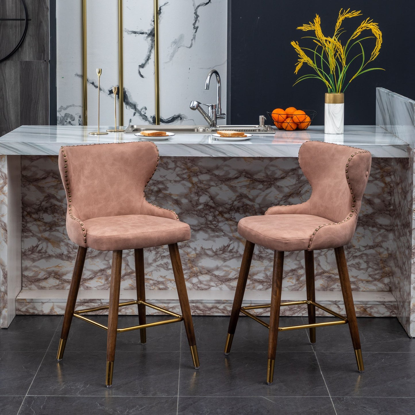 Nevis Mid-century Modern Faux Leather Tufted Nailhead Trim Counter Stool Set of 2, Pink image 1